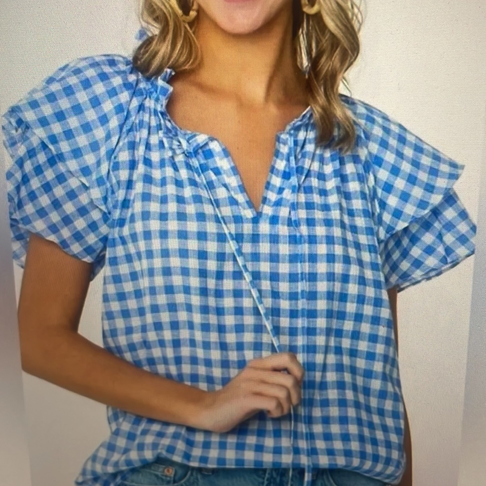 Olivia James Astrid Blue Gingham Ruffle Top sz xs